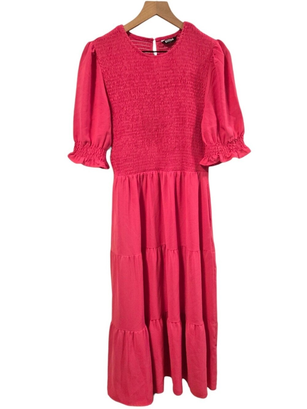 BTFBM Hot Pink Smocked Puff Sleeve Tiered Maxi Romantic Boho Summer Dress Large
